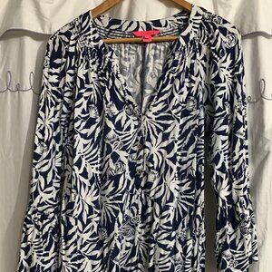 Lilly Pulitzer Flocking to Paradise Norris Dress Navy Blue Bell Sleeves Large